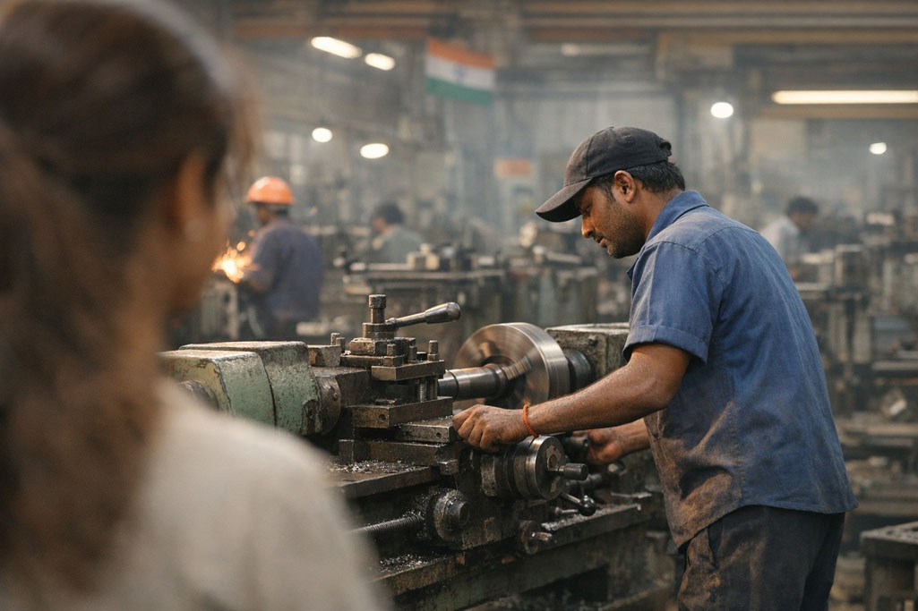Arbeiter-an-der-Drehmaschine-in-Werkstatt.